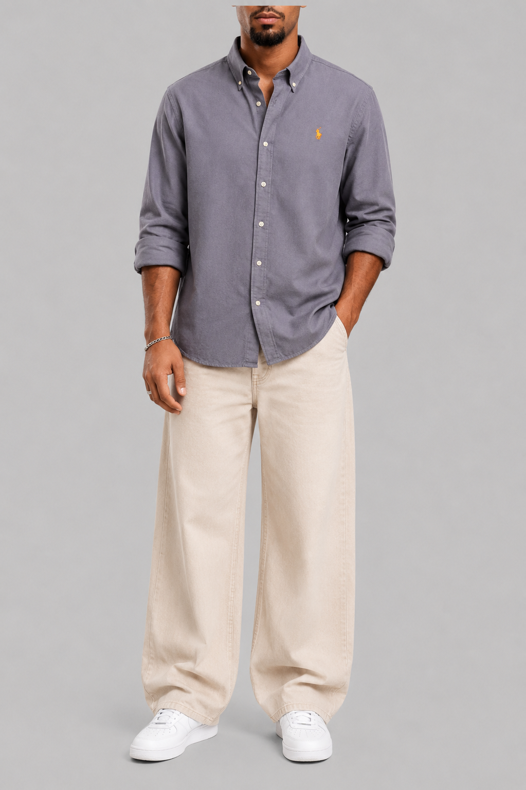 GREY FORMAL SHIRT + BEIGE JEANS