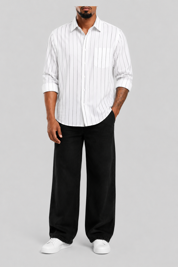 WHITE & BLACK STRIPES SHIRT + BLACK BAGGY JEANS