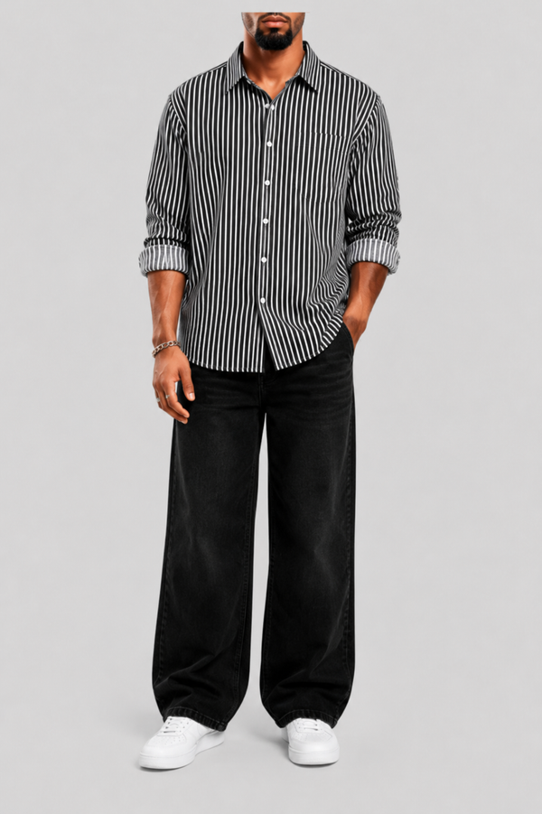 BLACK & WHITE STRIPES SHIRT + BLACK JEANS