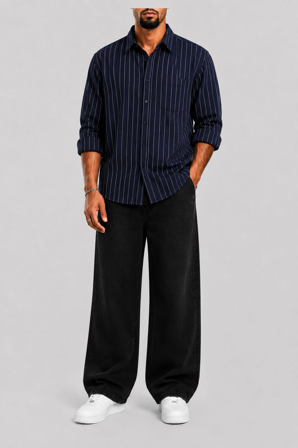 BLUE & WHITE STRIPES SHIRT + BLACK BAGGY JEANS