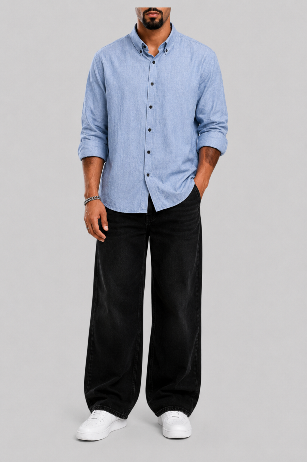 BLUE FORMAL SHIRT + BLACK JEANS