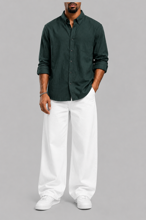 OLIVE GREEN FORMAL SHIRT + WHITE JEANS