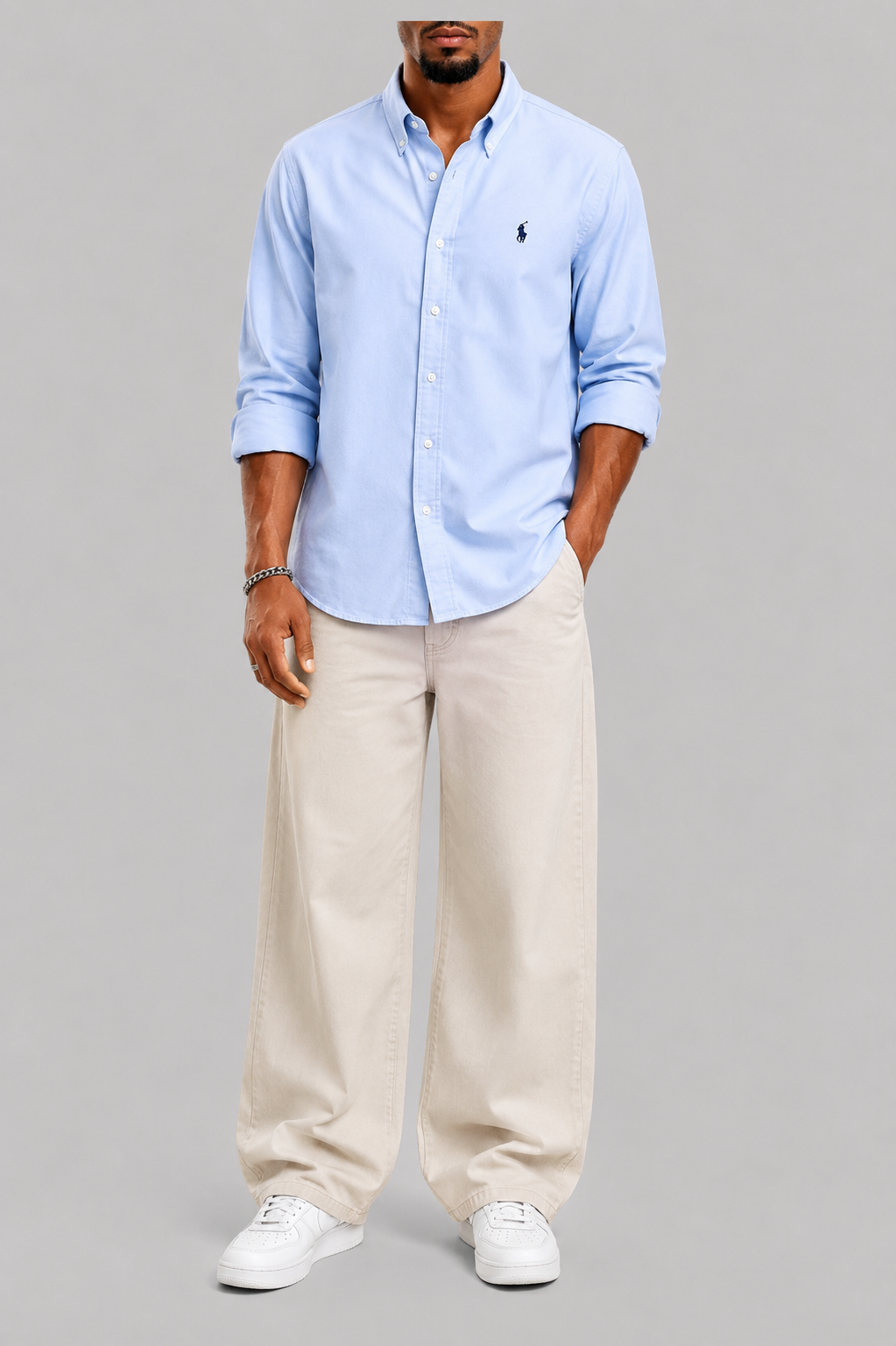 BLUE FORMAL SHIRT + BEIGE JEANS