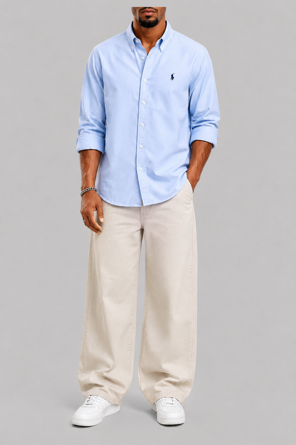 BLUE FORMAL SHIRT + BEIGE JEANS