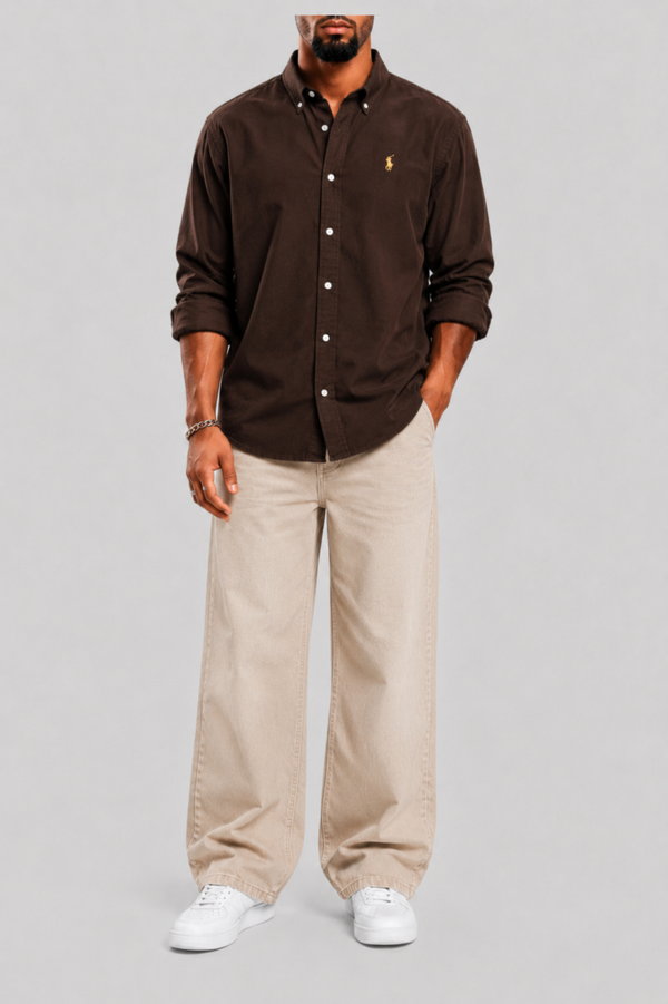 BROWN FORMAL SHIRT + BEIGE JEANS