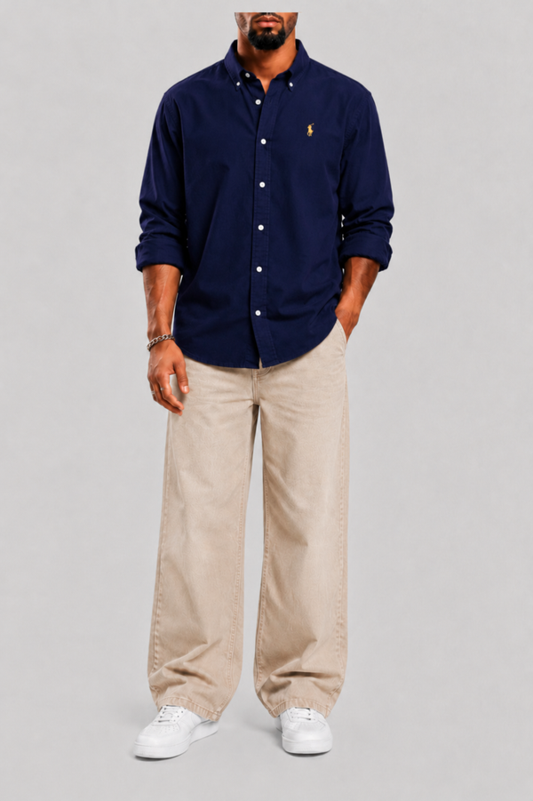 NAVY BLUE FORMAL SHIRT + BEIGE JEANS