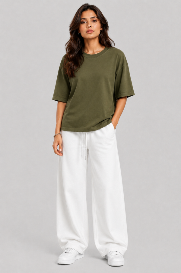 OLIVE CROP TOP + WHITE BAGGY TROUSER