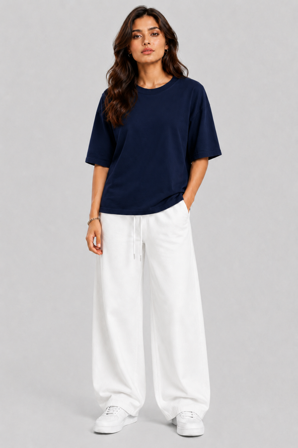 NAVY BLUE CROP TOP + WHITE BAGGY JEANS