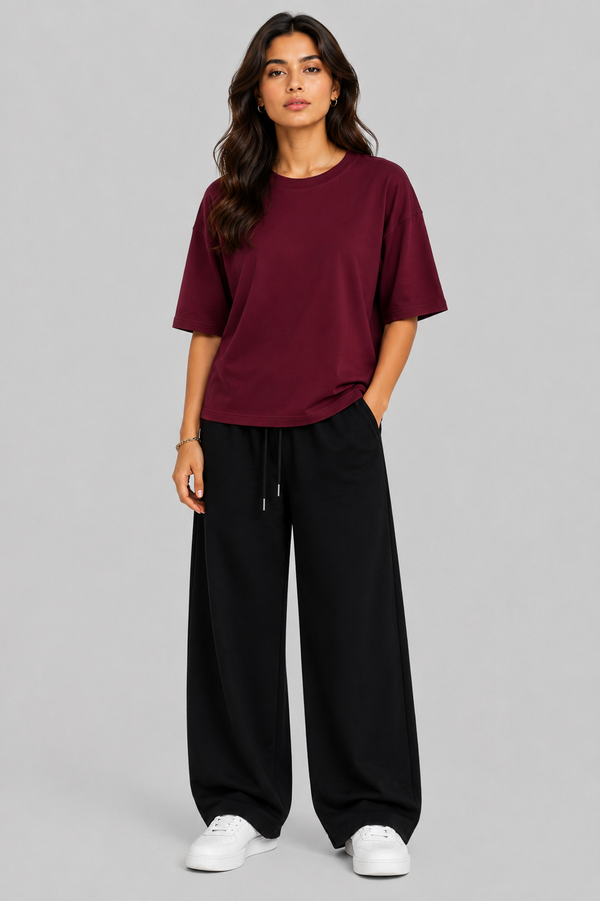 MAROON CROP TOP + BLACK BAGGY JEANS