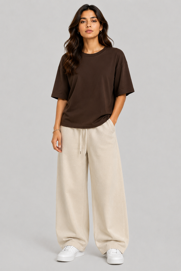 BROWN CROP TOP + BEIGE BAGGY JEANS