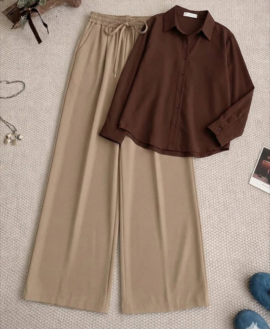 BROWN BUTTON DOWN SHIRT WITH BIEGE FLAPPER