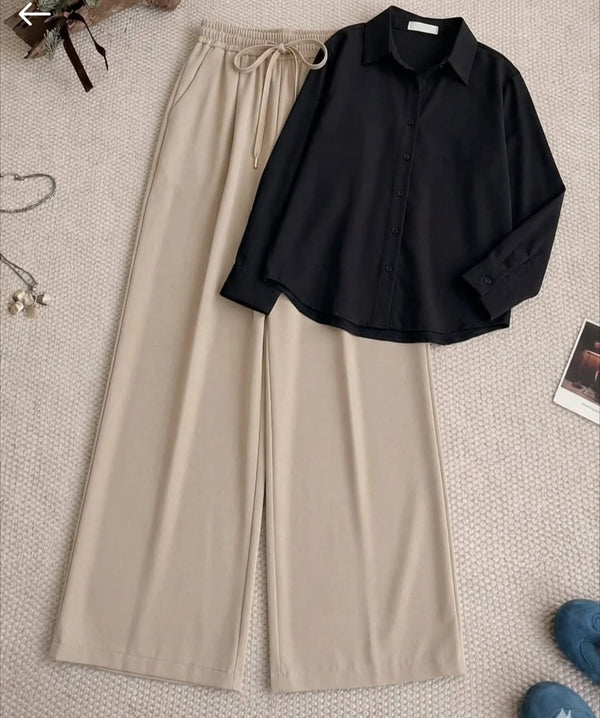 BLACK BUTTON DOWN SHIRT & BEIGE FLAPPEER (Copy)