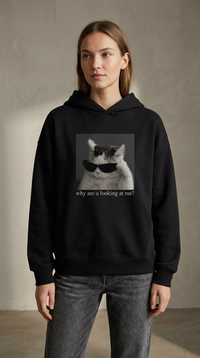Black Cat Hoodie featuring a sunglasses-wearing cat graphic