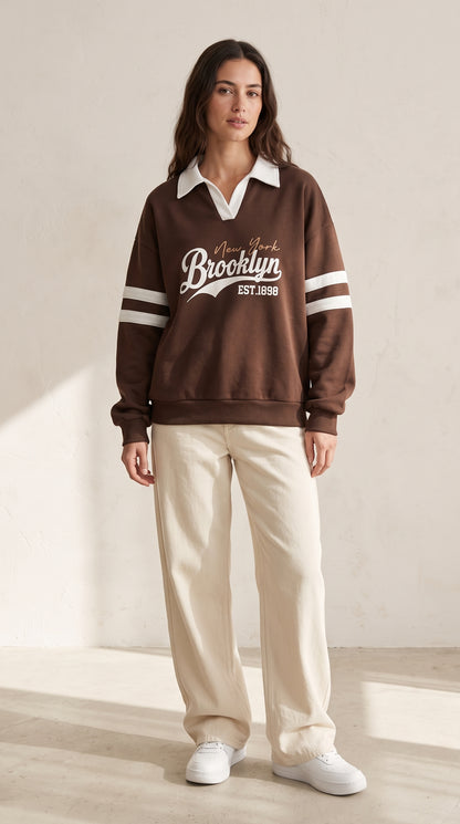 brown Brooklyn collared sweatshirt with white sleeve stripes