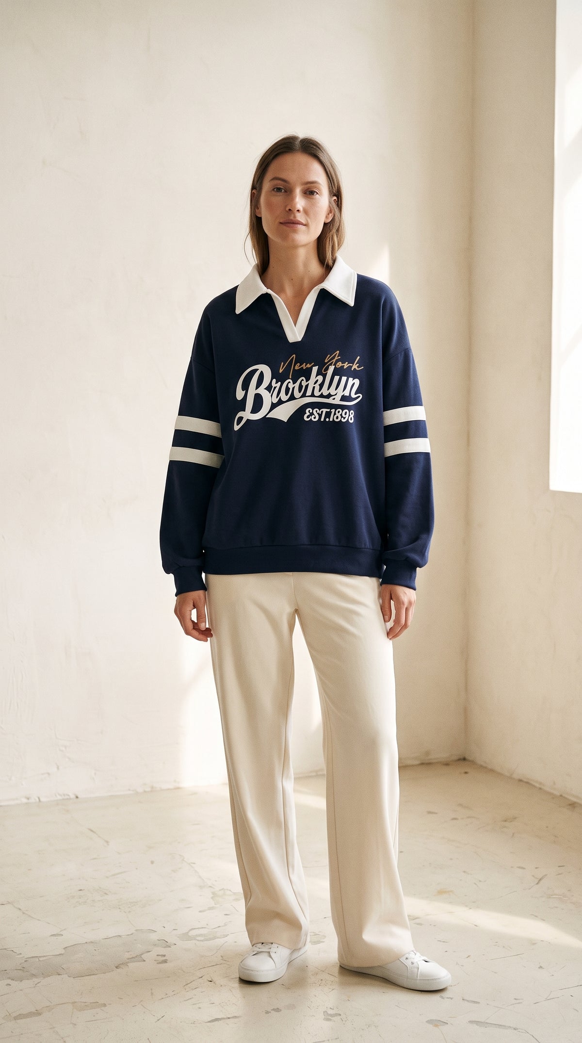navy Brooklyn collared sweatshirt with white sleeve stripes