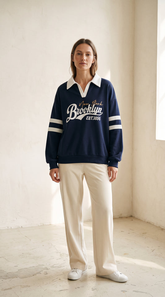 navy Brooklyn collared sweatshirt with white sleeve stripes