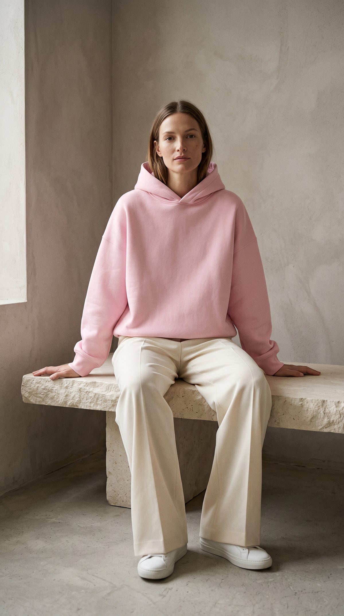 Light Pink plain hoodie — model view